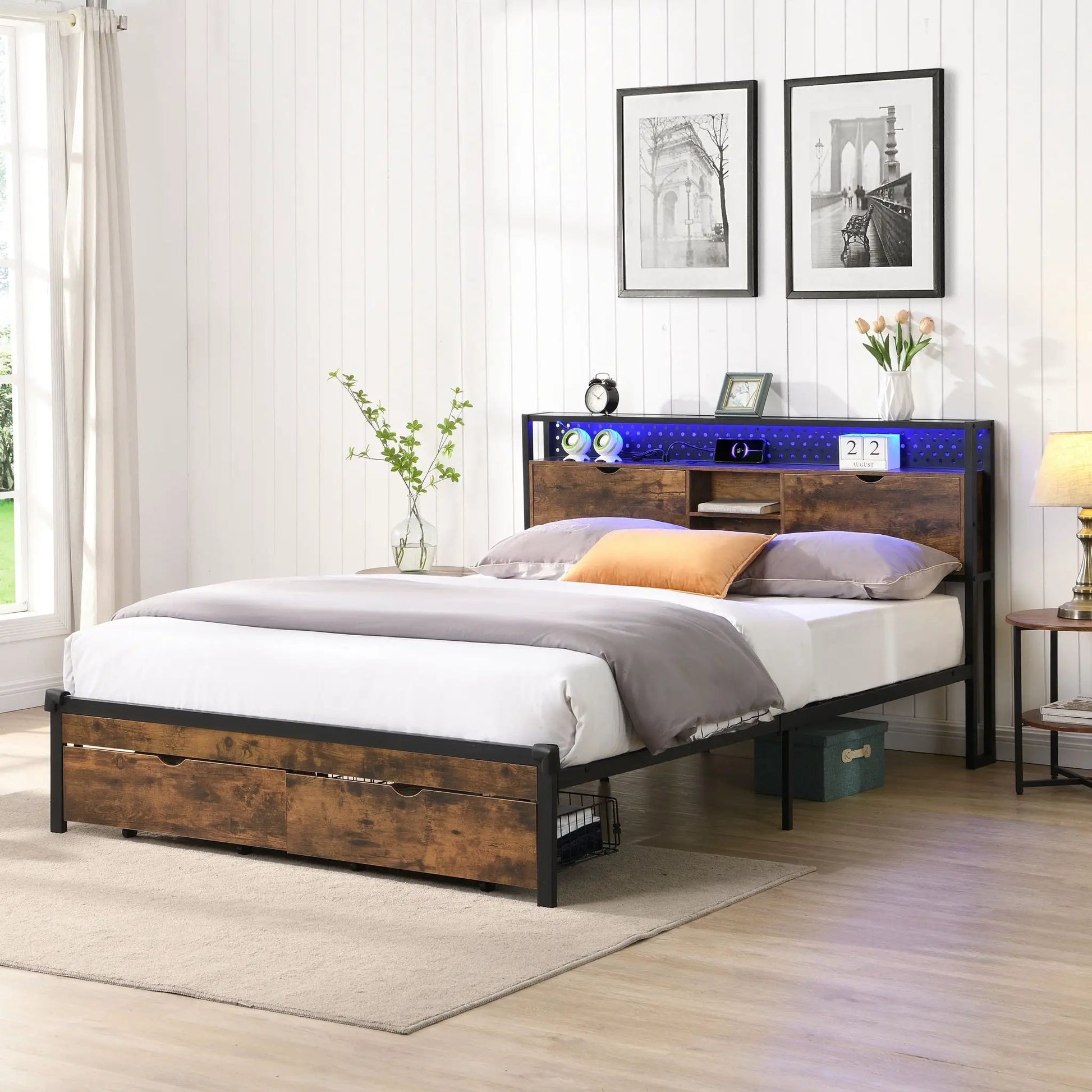 Modern metal platform bed frame with wooden headboard and underbed storage drawers on Tampa Home & Garden Store