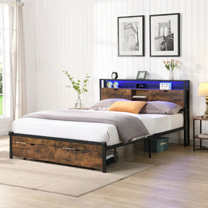 Modern metal platform bed frame with wooden headboard and underbed storage drawers on Tampa Home & Garden Store