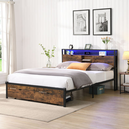 Modern metal platform bed frame with wooden headboard and under-bed storage drawers on Tampa Home & Garden Store