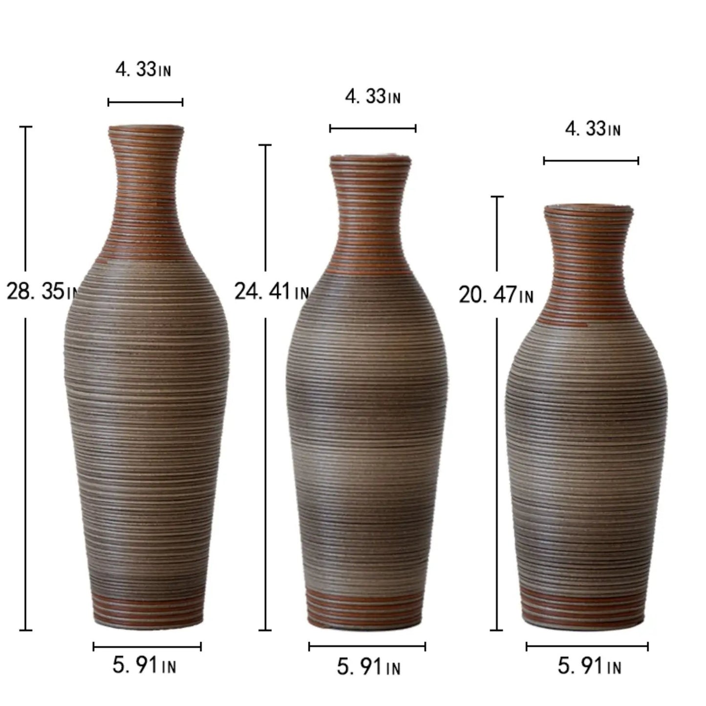 Set of 3 ribbed ceramic floor vases in brown glaze by Unique Piece Furniture on Tampa Home & Garden Store