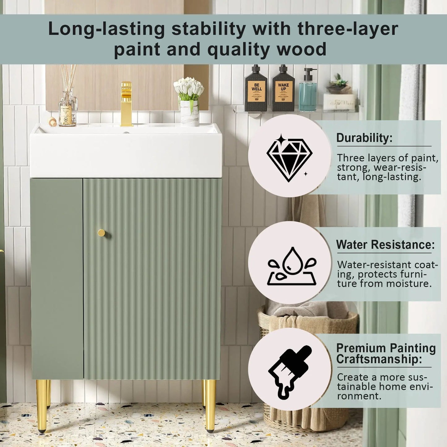 Bathroom vanity with ceramic sink, sage-green cabinet and gold legs on Tampa Home & Garden Store