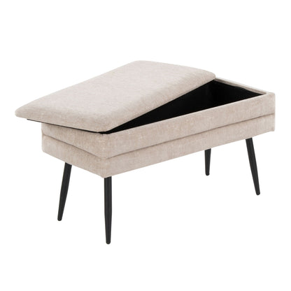 Contemporary storage bench with removable lid in light beige fabric and black legs on Tampa Home & Garden Store