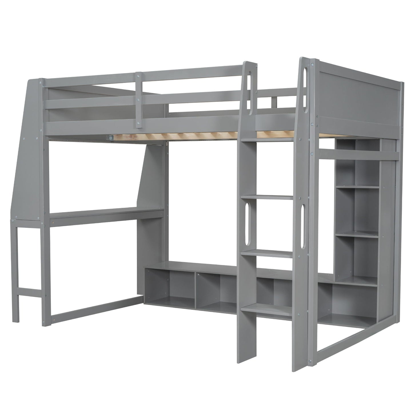 Gaming Loft Bed with Desk in gray metal frame with storage shelves and ladder on Tampa Home & Garden Store