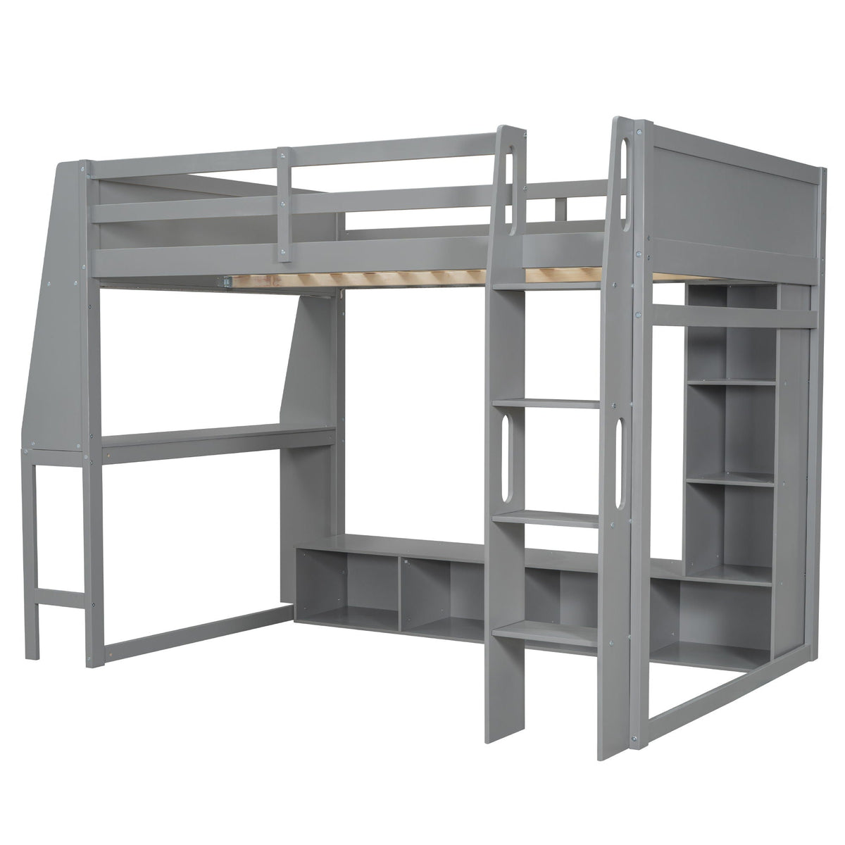 Gaming Loft Bed with Desk in gray metal frame with storage shelves and ladder on Tampa Home & Garden Store