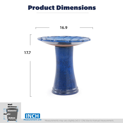 Handmade glazed ceramic bird bath in sapphire blue with a leaf-pattern rim on a tall pedestal on Tampa Home & Garden Store