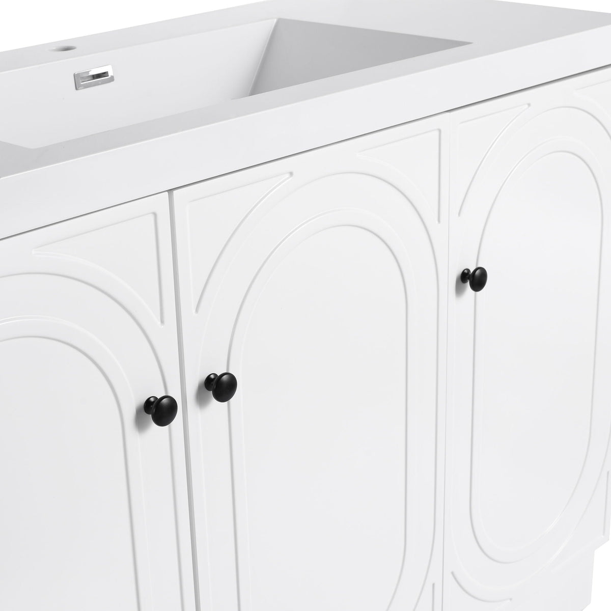 Freestanding white bathroom vanity by HouseOfZazla with arched panel doors and black knobs, soft close on Tampa Home & Garden Store