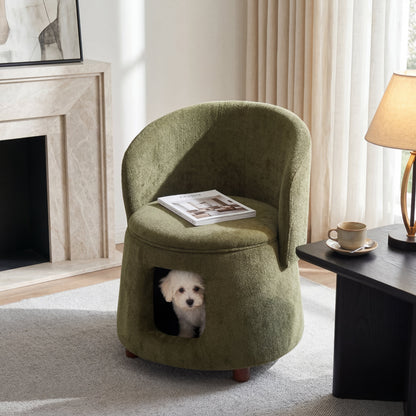 Green pet-friendly chair with hidden pet nook and convertible stool; dog peeks out on Tampa Home & Garden Store
