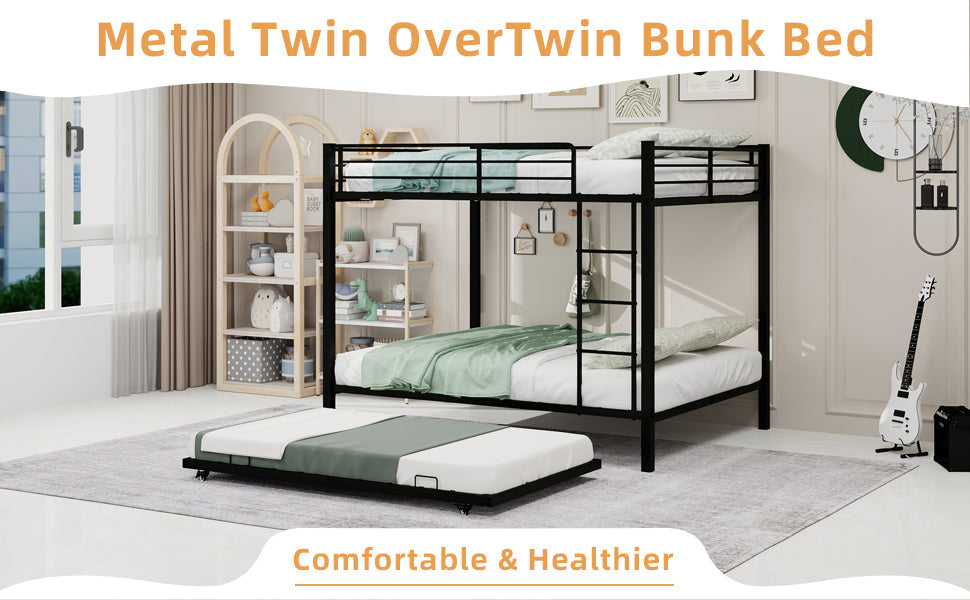 Full-size bunk bed with black iron frame, twin-over-twin with pull-out trundle on Tampa Home & Garden Store