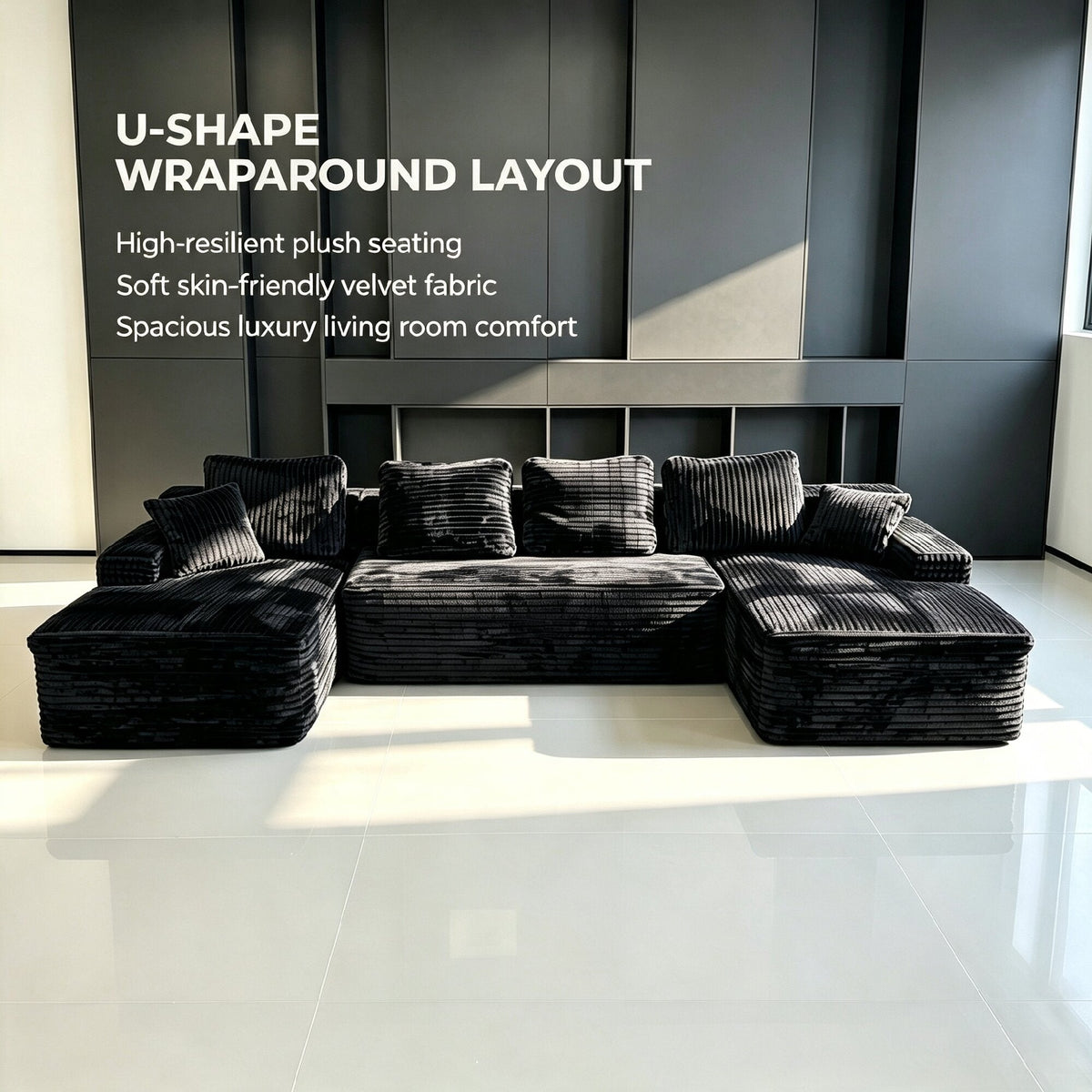 131-Inch Big Size Modular Sectional Oversized Sofa in dark charcoal velvet, layout on Tampa Home & Garden Store