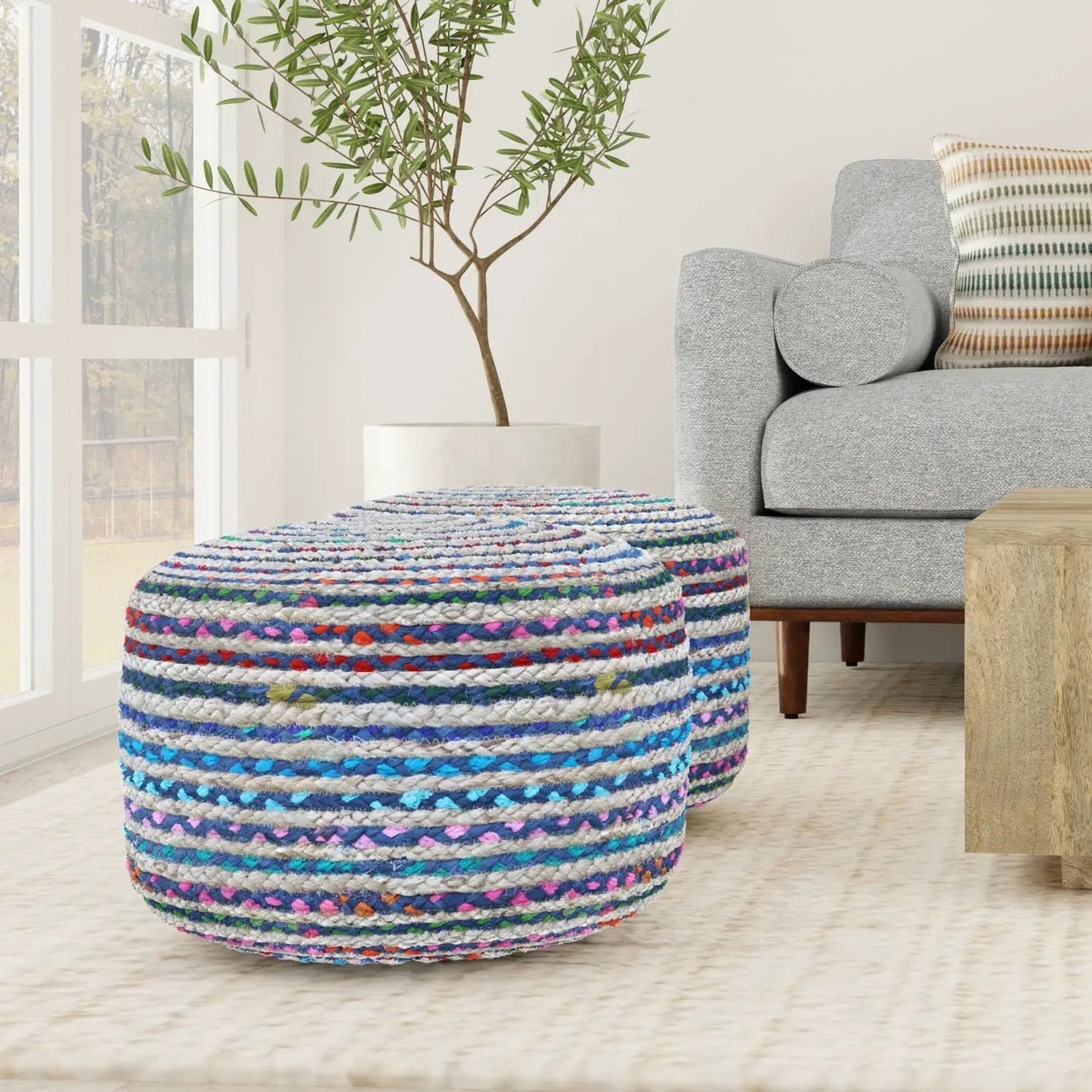 Margo Handcrafted Round Pouf, multicolor braided, 2-pouf set by Unique Piece Furniture on Tampa Home & Garden Store