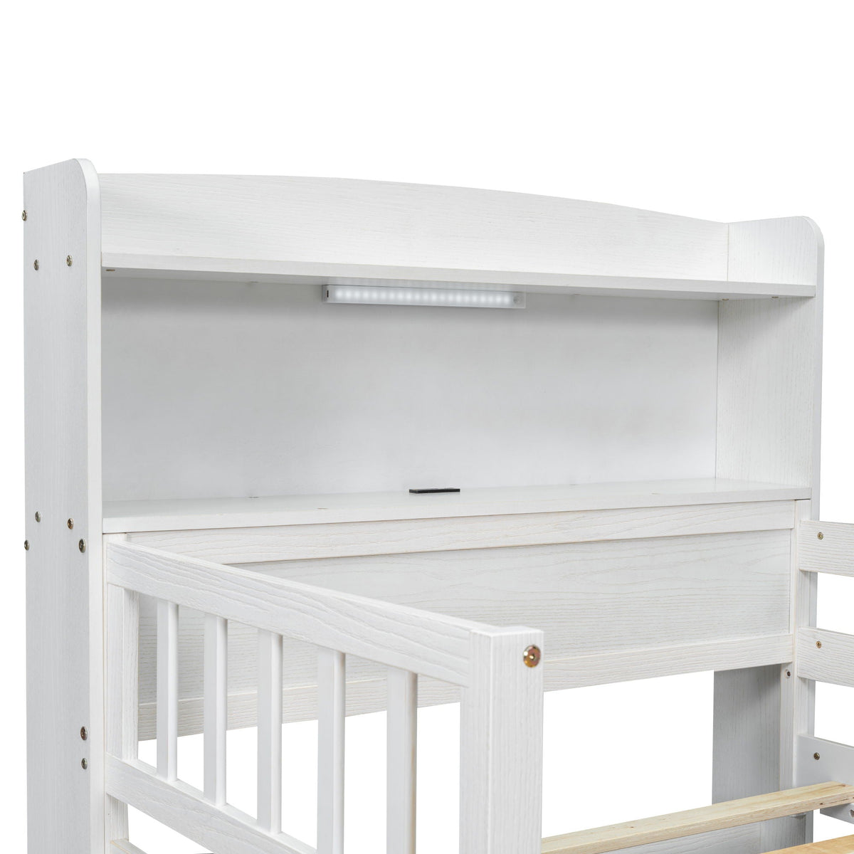 Platform bed with LED light, white wooden finish, guardrail and 2 drawers HouseOfZazla on Tampa Home & Garden Store