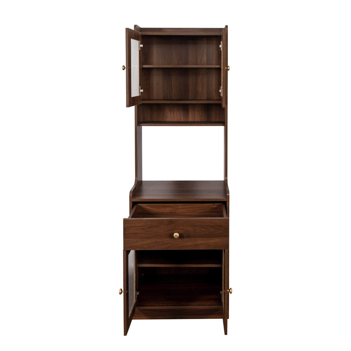 Kitchen Pantry Hutch Storage Cabinet with glass-panel doors, dark wood finish and drawer on Tampa Home & Garden Store