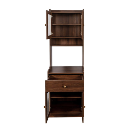Kitchen Pantry Hutch Storage Cabinet with glass-panel doors, dark wood finish and drawer on Tampa Home & Garden Store