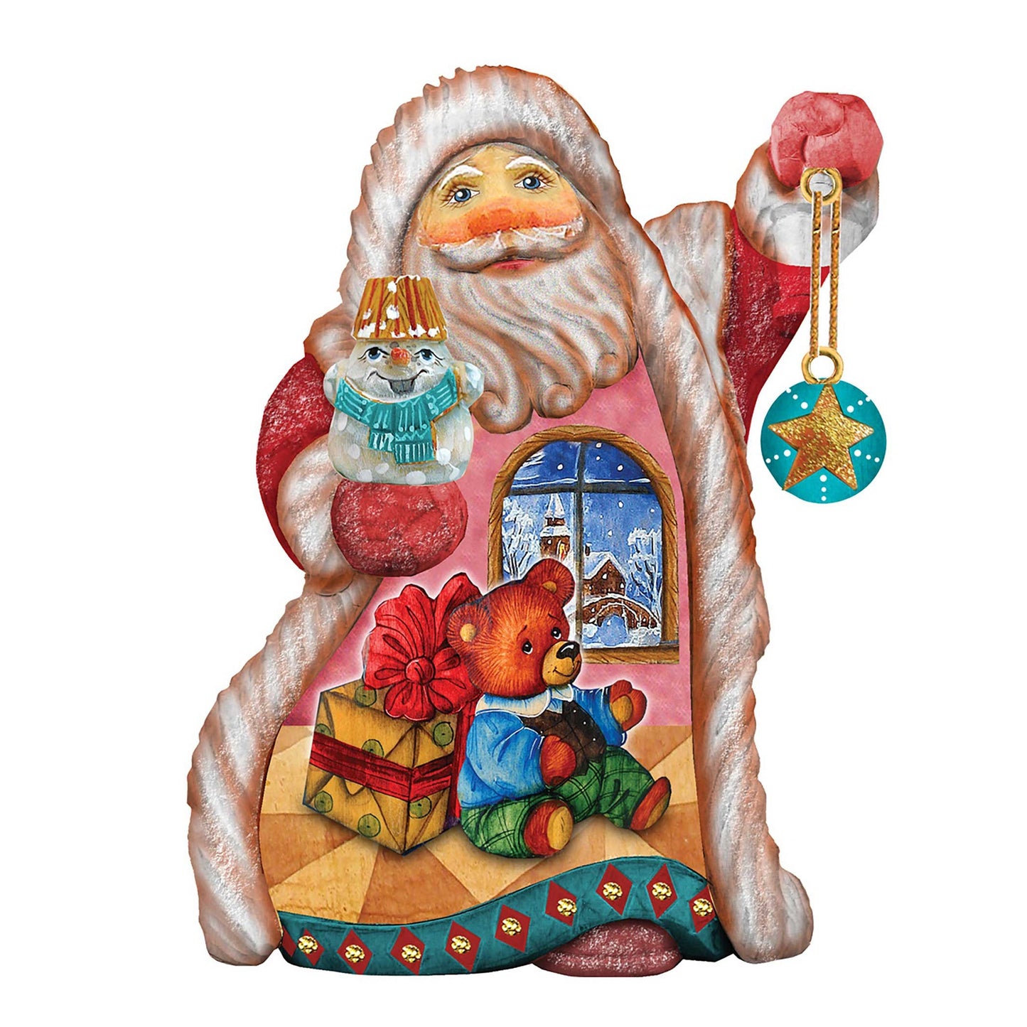 Teddy Santa sculpted ornament by G. DeBrekht, pink robe with fur, snowman accessory on Tampa Home & Garden Store