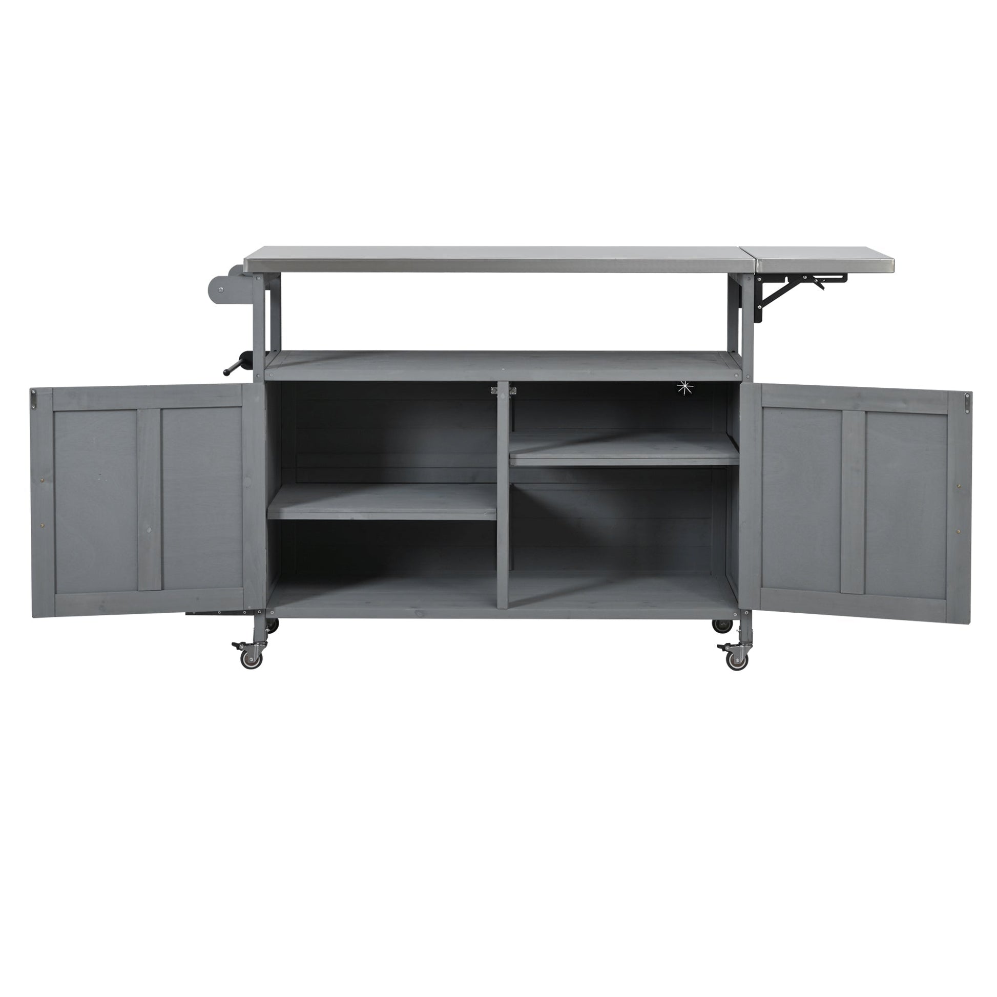 Foldable outdoor kitchen island cart in gray metal with wheels and fold-out side shelf on Tampa Home & Garden Store