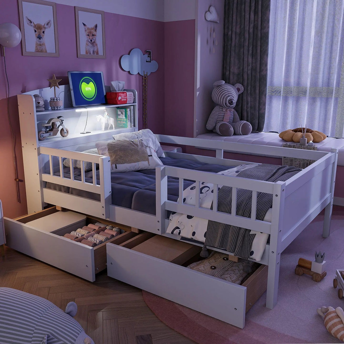 Platform Bed with LED Light and 2 Drawers