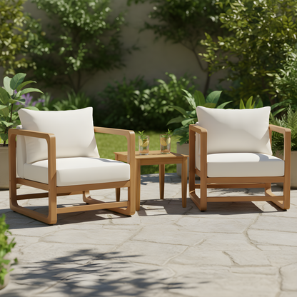 Acacia wood outdoor set with 2 club chairs and rustic slat side table, white cushions on Tampa Home & Garden Store
