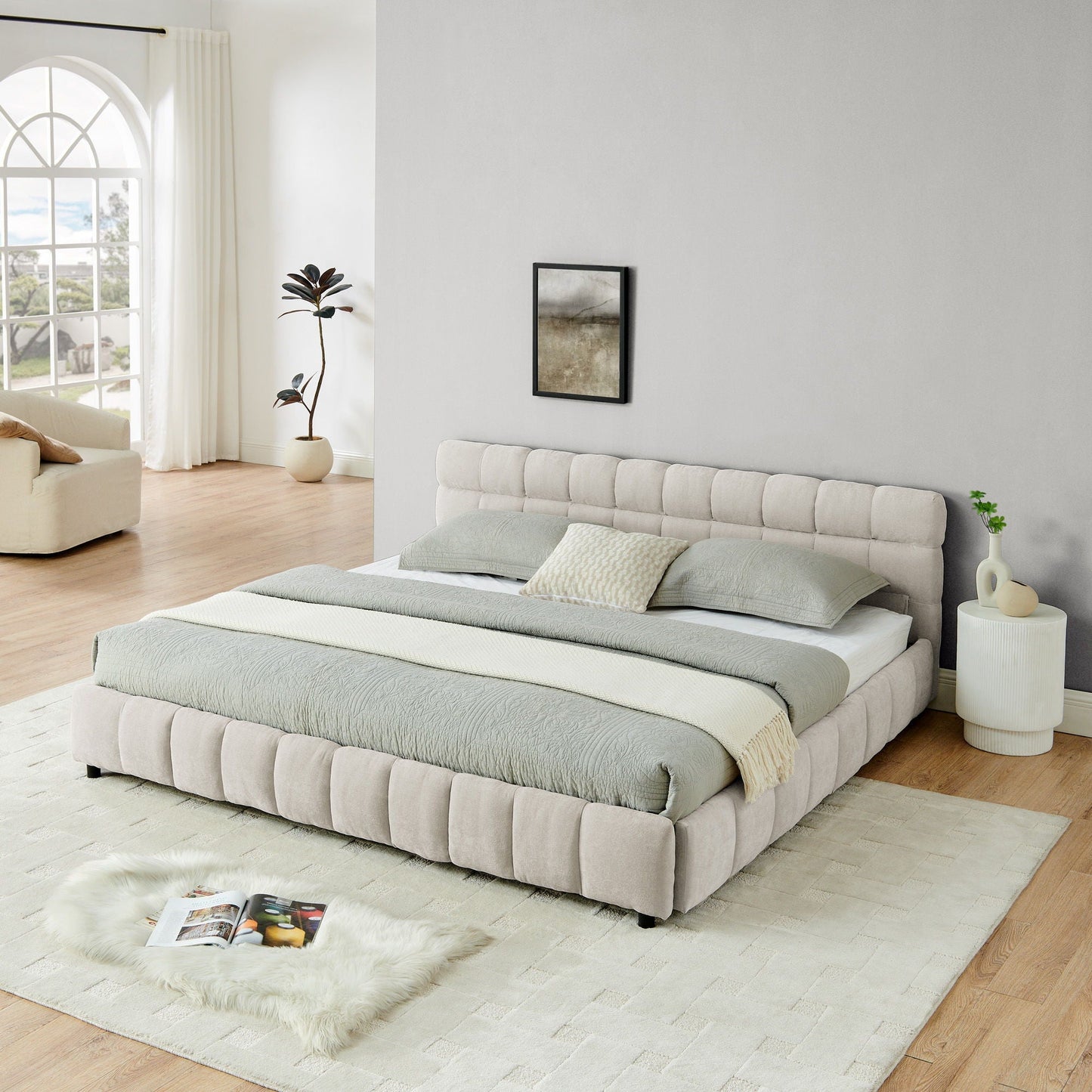 Modern Platform Bed and Thick Fabric Headboard