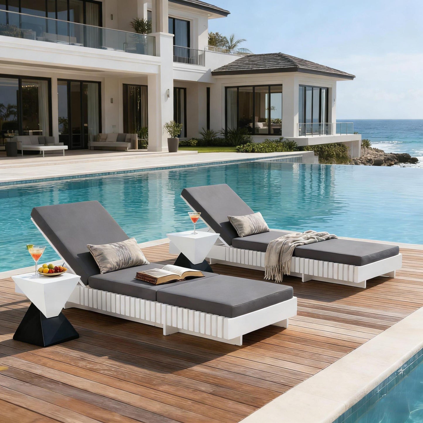 Premium White Acacia Wood Patio Chaise Lounge