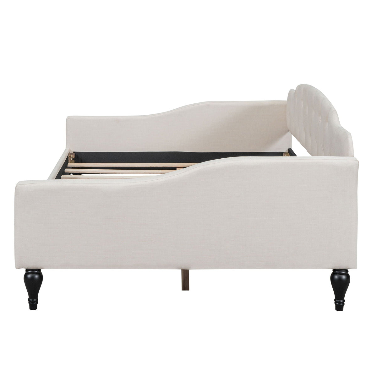 Upholstered tufted daybed by HouseOfZazla in beige fabric with silhouette and black legs on Tampa Home & Garden Store