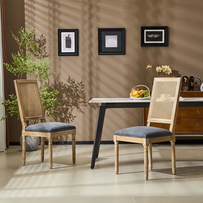 French Country dining chairs with rectangular cane backs and blue upholstered seats on Tampa Home & Garden Store