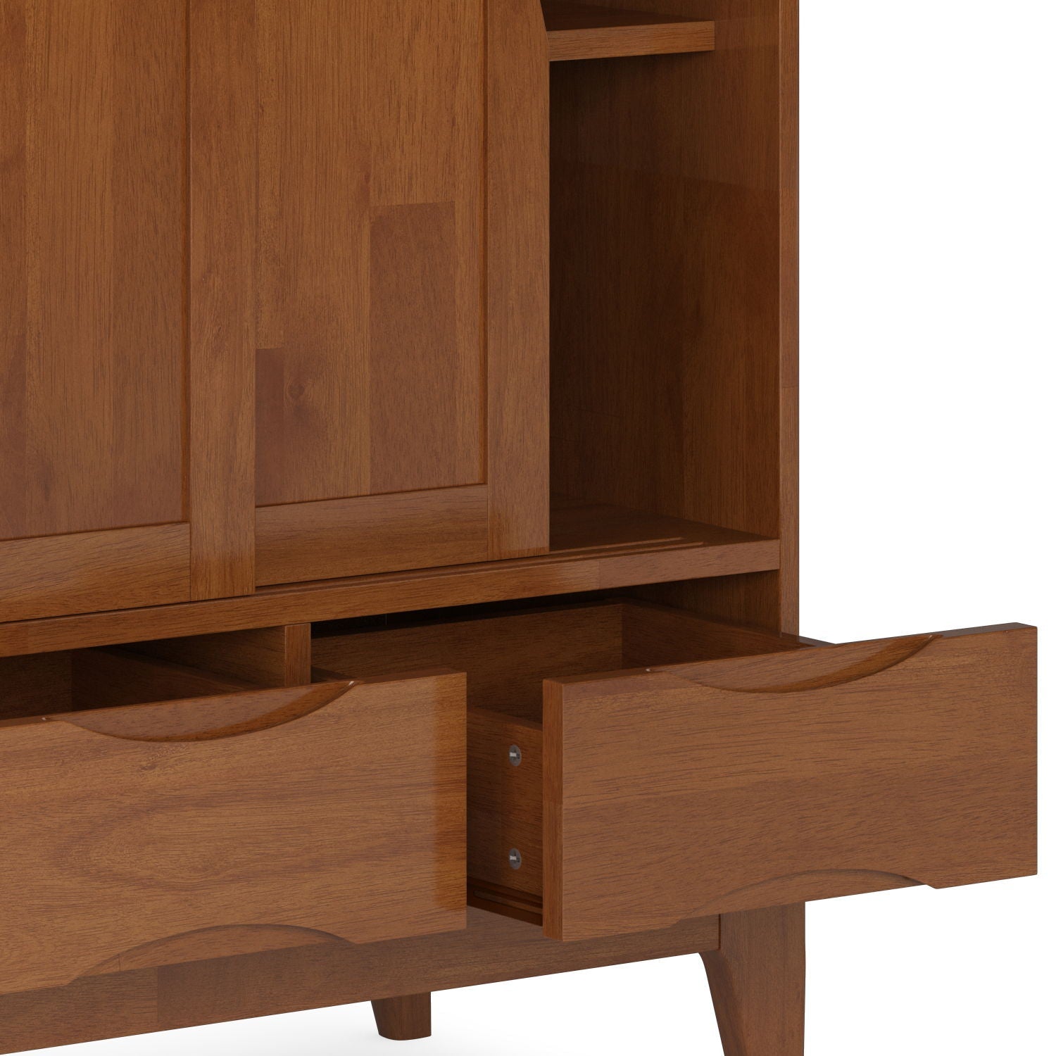 Harper Handcrafted Medium Storage Cabinet warm oak finish with two drawers and open shelf on Tampa Home & Garden Store