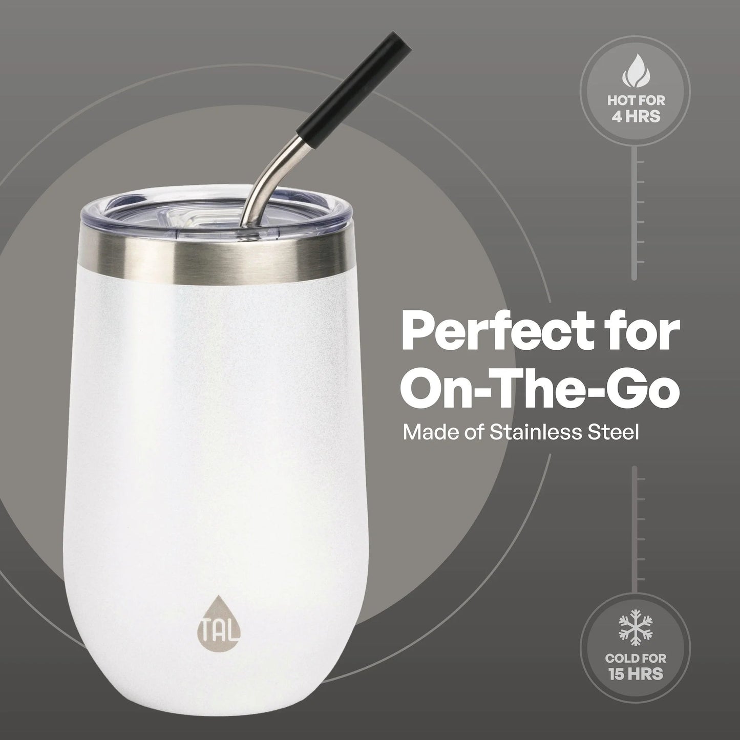 TAL Stainless Steel Wine Tumbler with Straw – 16 fl oz, White