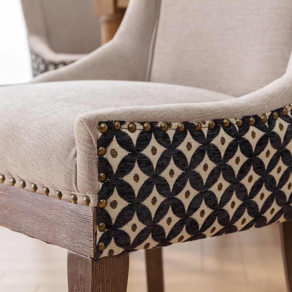 Ultra Side Dining Chair Set beige upholstery with wood legs and black lattice with gold dots on Tampa Home & Garden Store