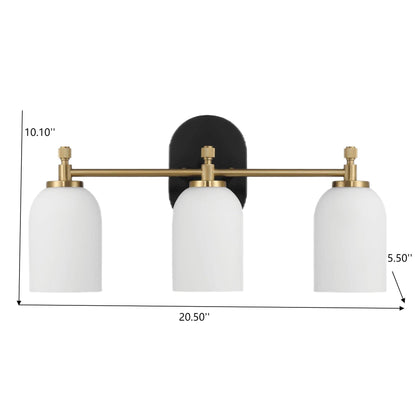 3-light vanity wall light with frosted glass shades, black backplate and brass finish HouseOfZazla on Tampa Home & Garden Store