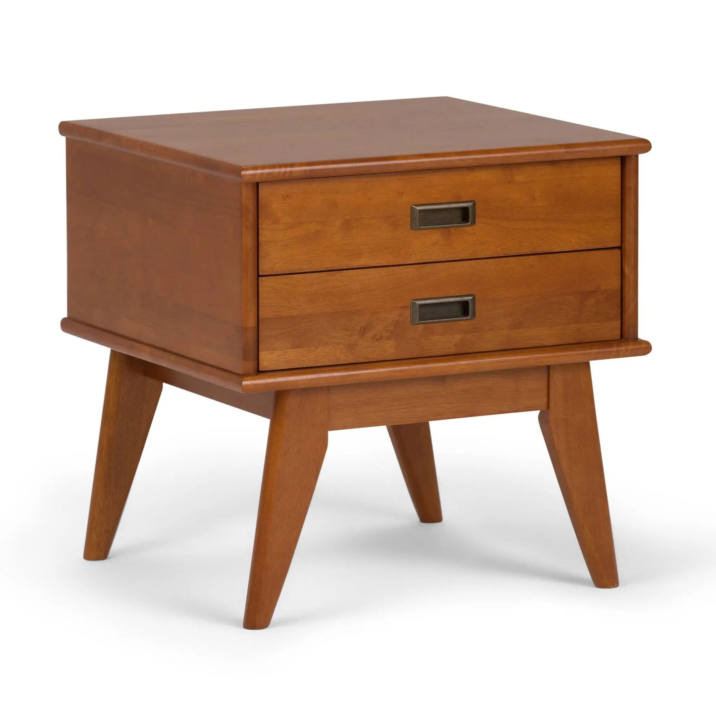 Draper Handcrafted Mid Century End Table with three drawers, warm wood finish, rounded edges on Tampa Home & Garden Store