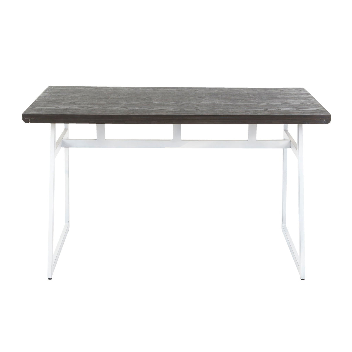 Industrial dining table with espresso wood top and white geometric metal base on Tampa Home & Garden Store