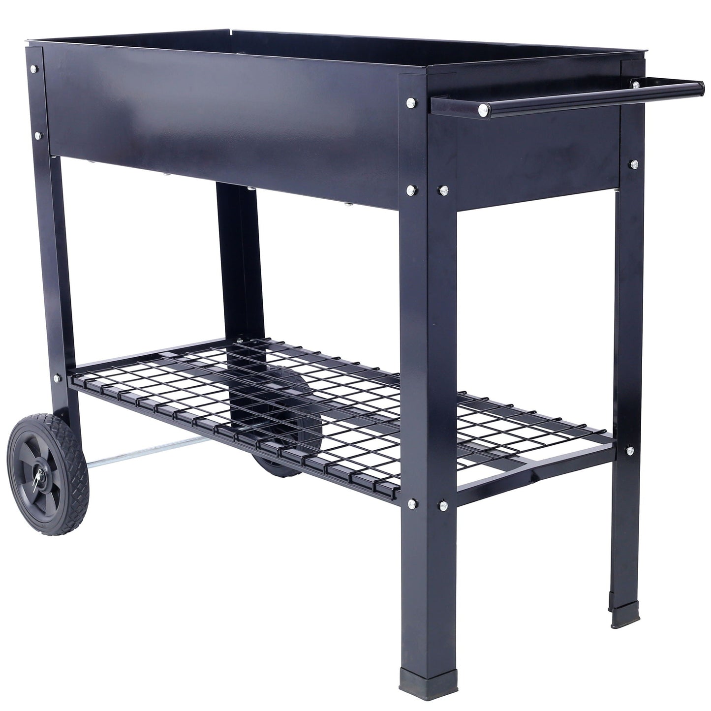 Elevated metal planter cart by HouseOfZazla in black powder-coated steel with wheels on Tampa Home & Garden Store
