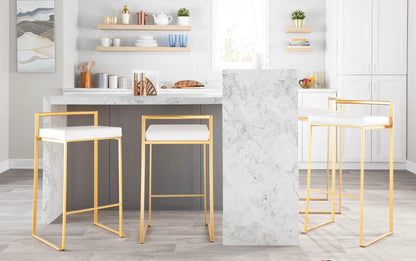 Fuji contemporary glam barstools 3 with white cushions and gold frames around marble island on Tampa Home & Garden Store