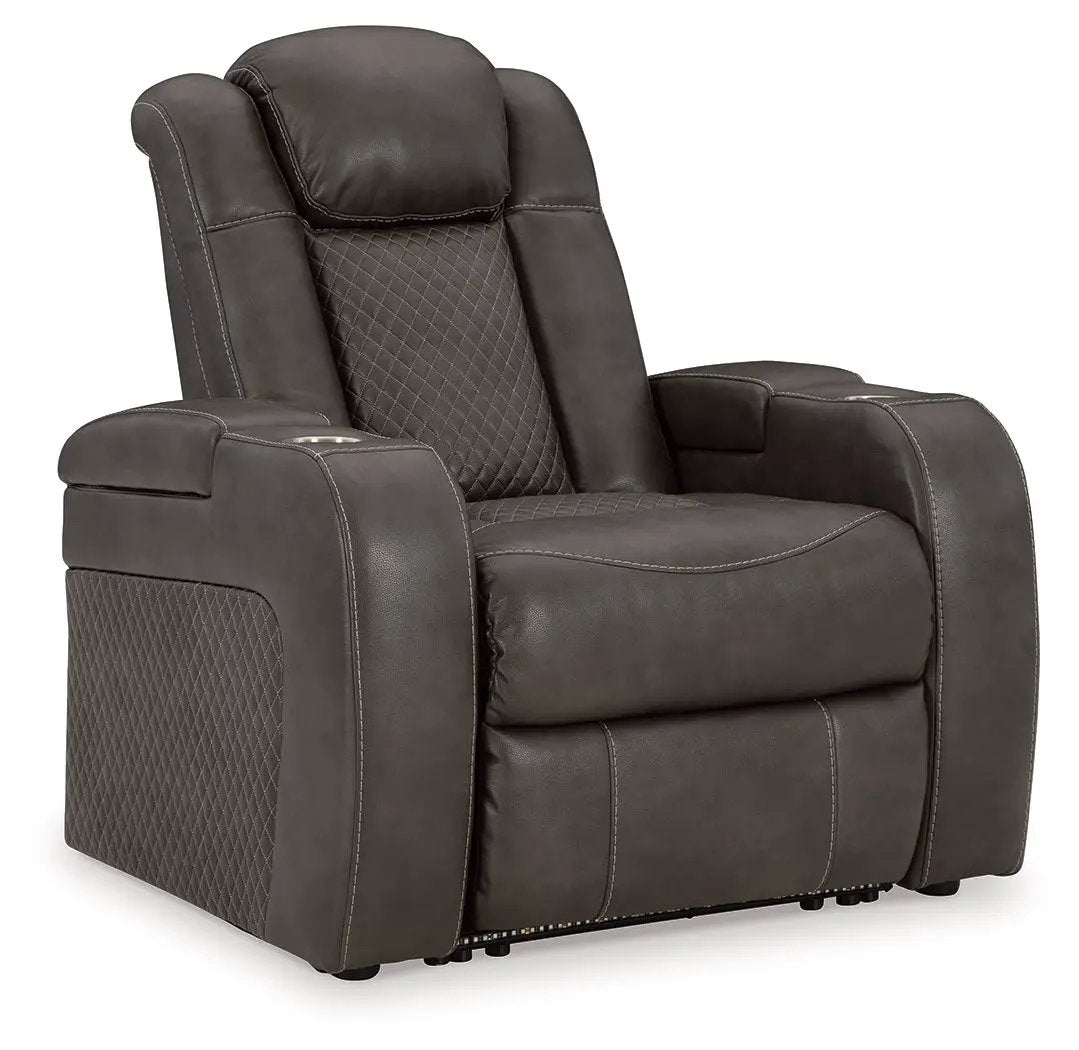 Fyne-dyme Power Recliner with Headrest in dark brown leather, diamond stitch back on Tampa Home & Garden Store