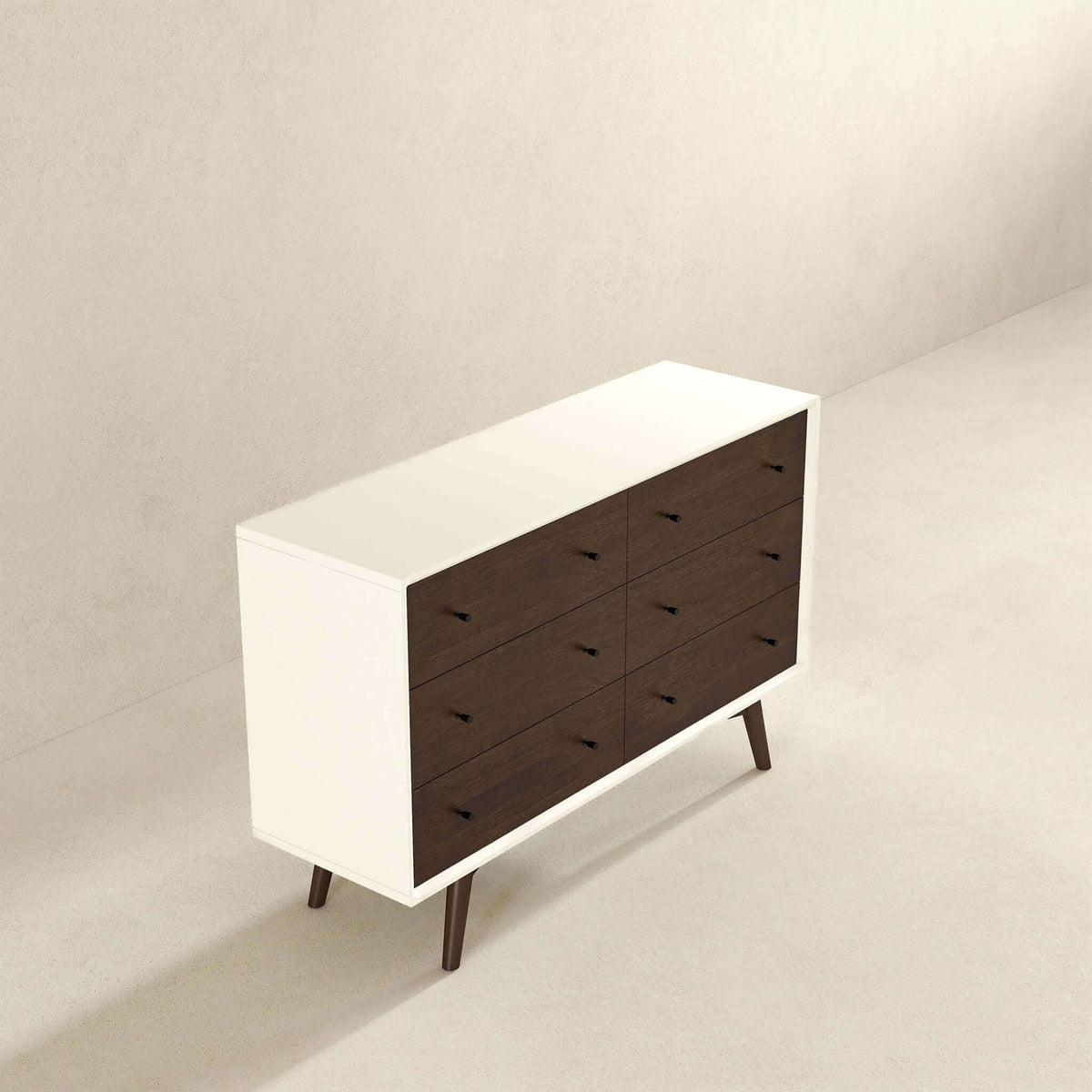 6-Drawer Dresser by HouseOfZazla with white frame and dark brown drawers, mid-century legs on Tampa Home & Garden Store