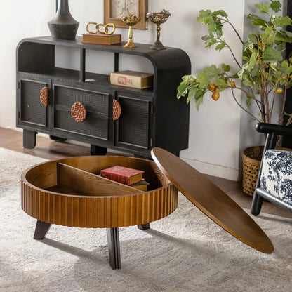 Round Retro Coffee Table with Solid Wood Legs