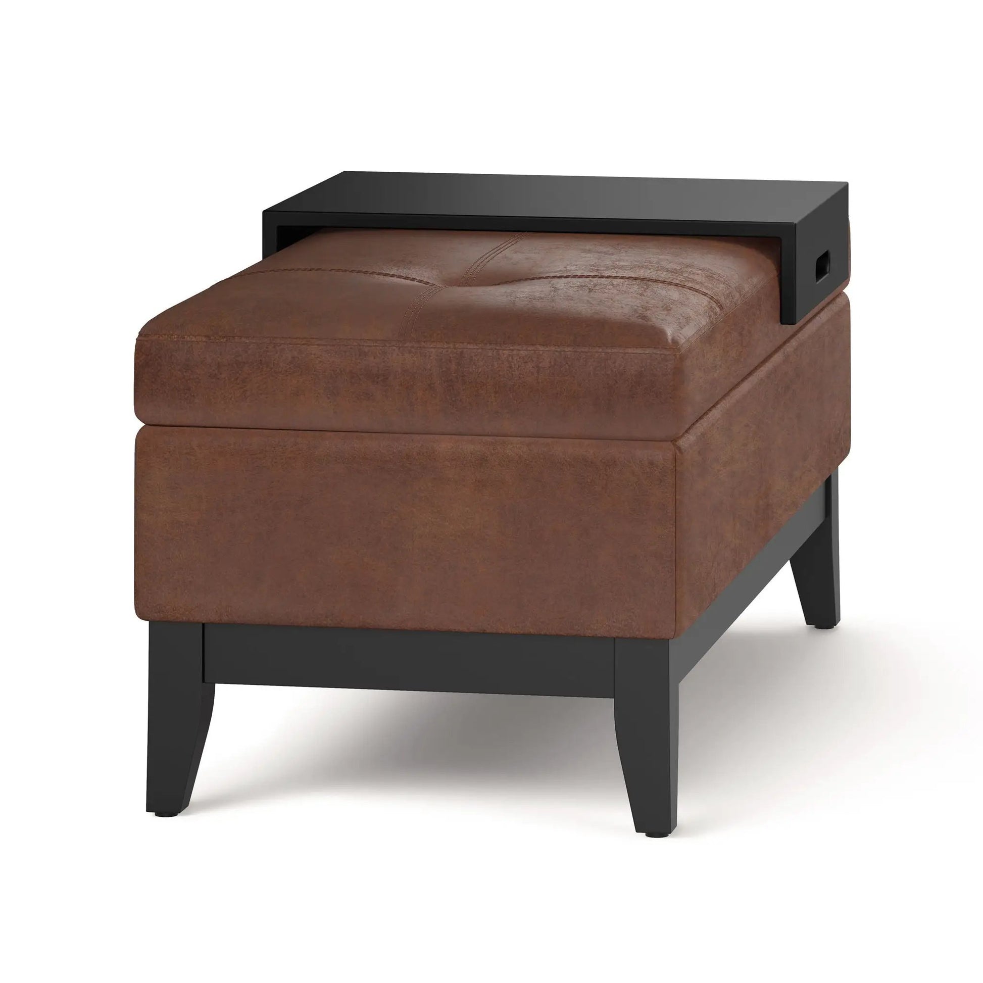 Oregon Storage Ottoman Bench With Tray, brown leather on black metal on Tampa Home & Garden Store