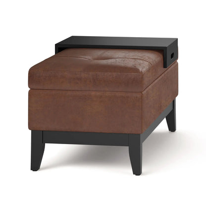 Oregon Storage Ottoman Bench With Tray, brown leather on black metal on Tampa Home & Garden Store