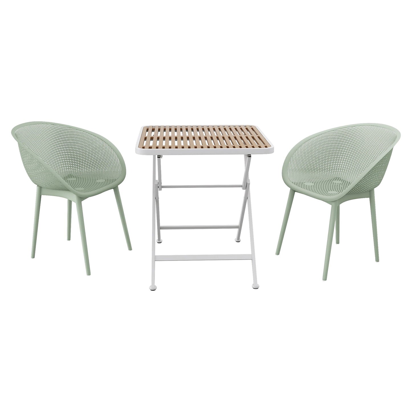 Two mint green lounge chairs with perforated backs and a folding square table with wood slats on Tampa Home & Garden Store