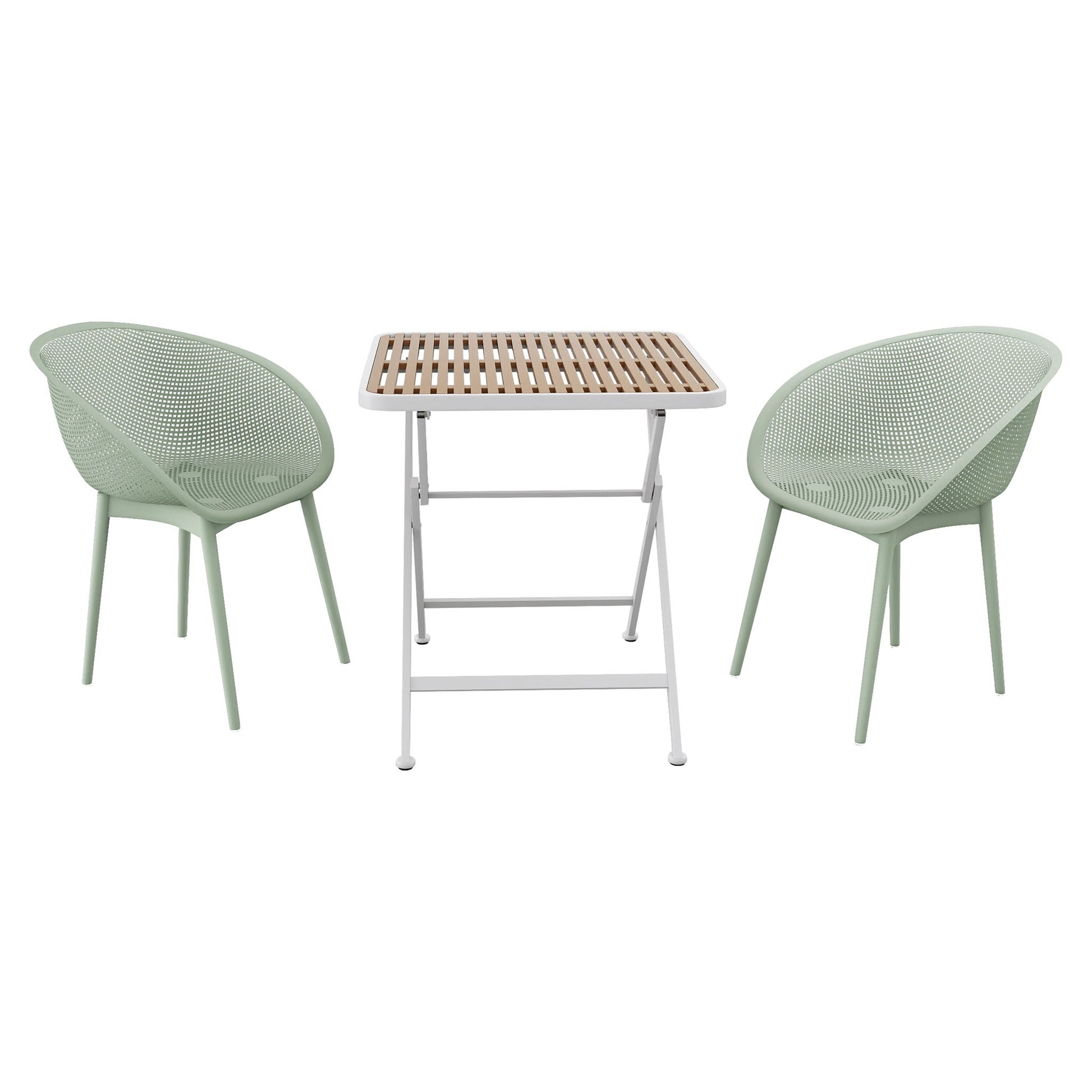 Two mint green lounge chairs with perforated backs and a folding square table with wood slats on Tampa Home & Garden Store