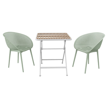 Two mint green lounge chairs with perforated backs and a folding square table with wood slats on Tampa Home & Garden Store