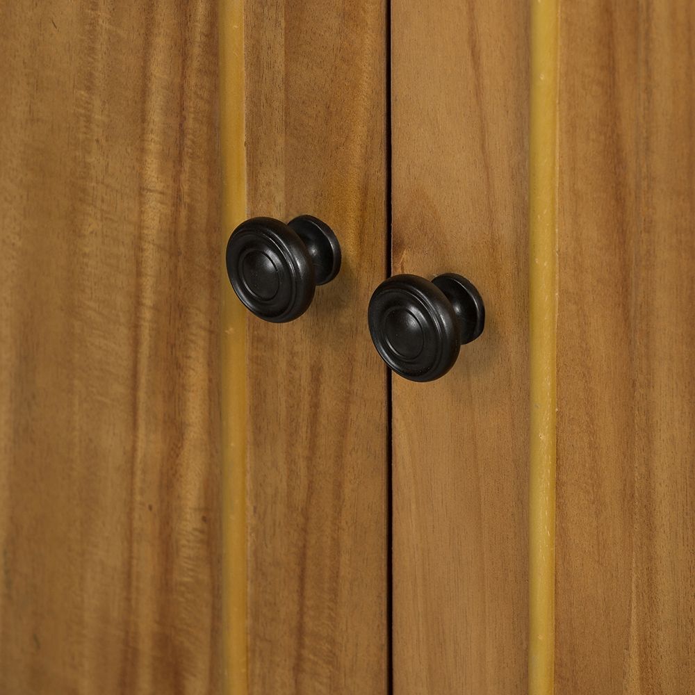 French Country Acacia bookcase with two black knobs in warm wood finish on Tampa Home & Garden Store