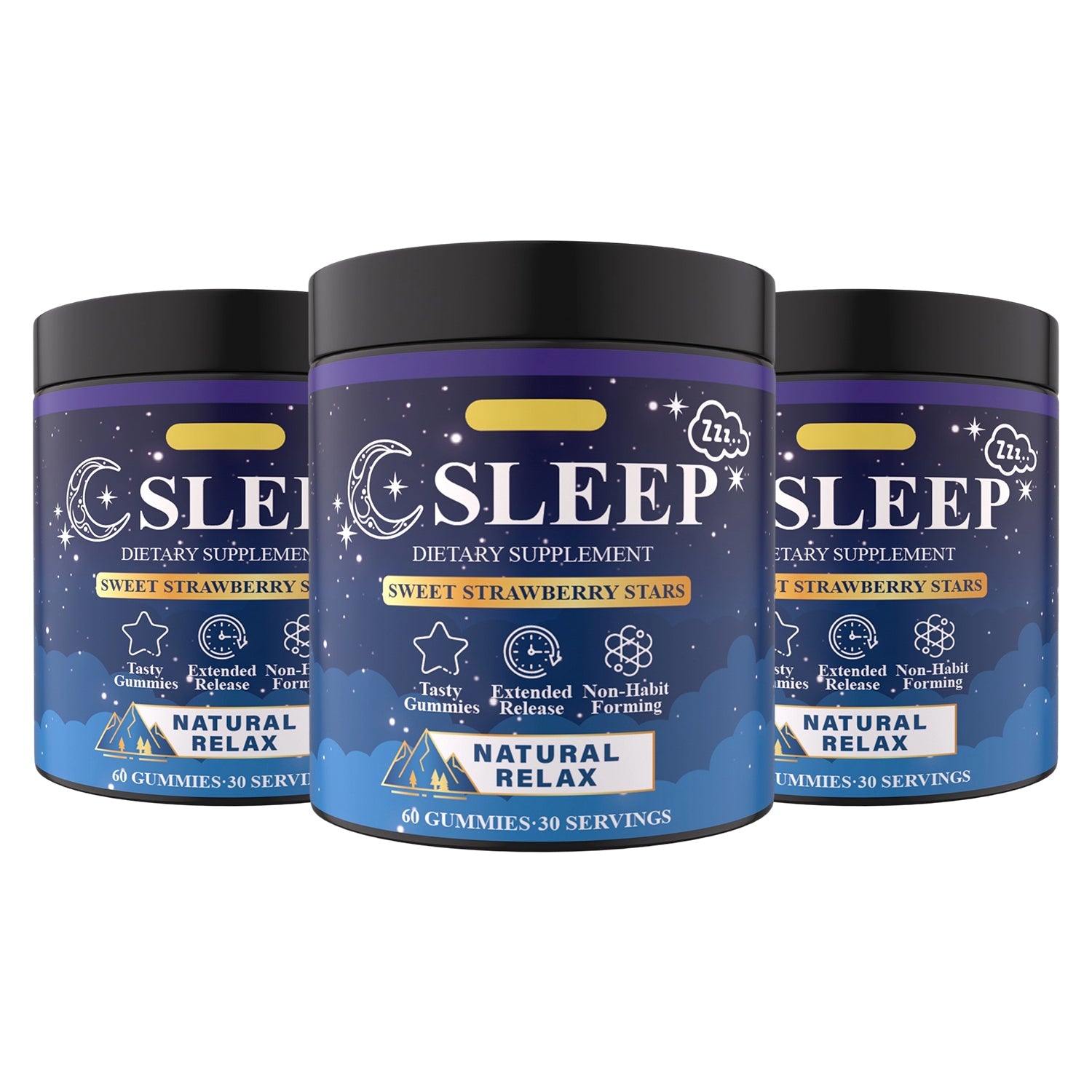 Sleep Gummies Perfecsy bottles: trio of purple jars with labels, Sweet Strawberry Stars on Tampa Home & Garden Store