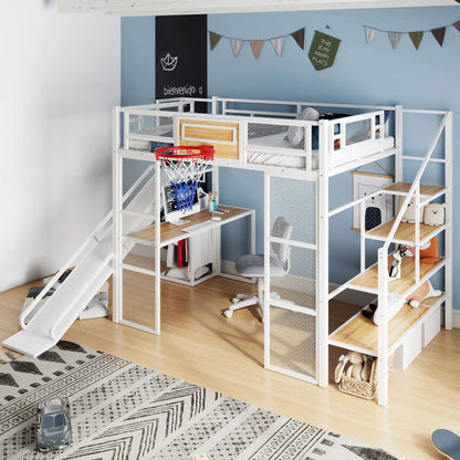 Loft bed with built-in desk, wardrobe, basketball hoop, slide and staircase in white frame on Tampa Home & Garden Store