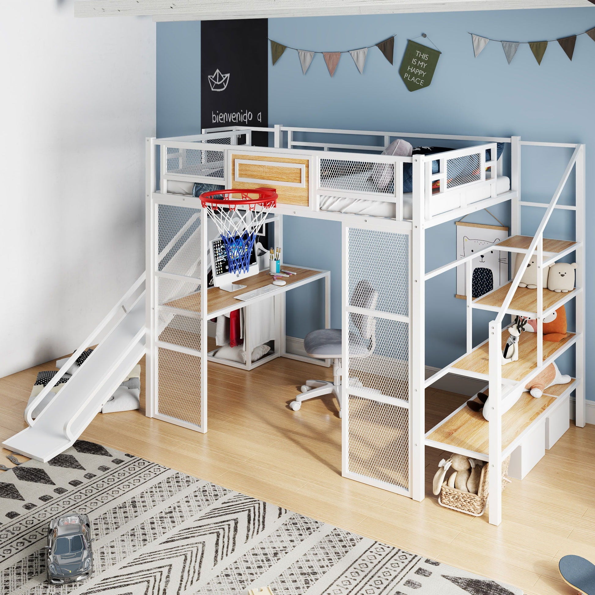 Loft Bed with Built-In Desk, Open Wardrobe, Basketball Hoop, Slide & Staircase on Tampa Home & Garden Store