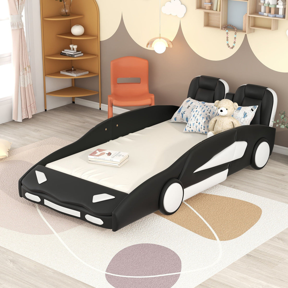 Race car shaped twin platform bed with wheels in black and white pinewood construction for kids on Tampa Home & Garden Store