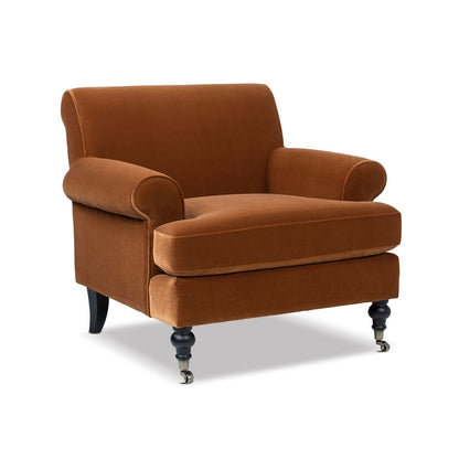 Accent Arm Chair burnt orange velvet with rolled arms and caster wheels on Tampa Home & Garden Store