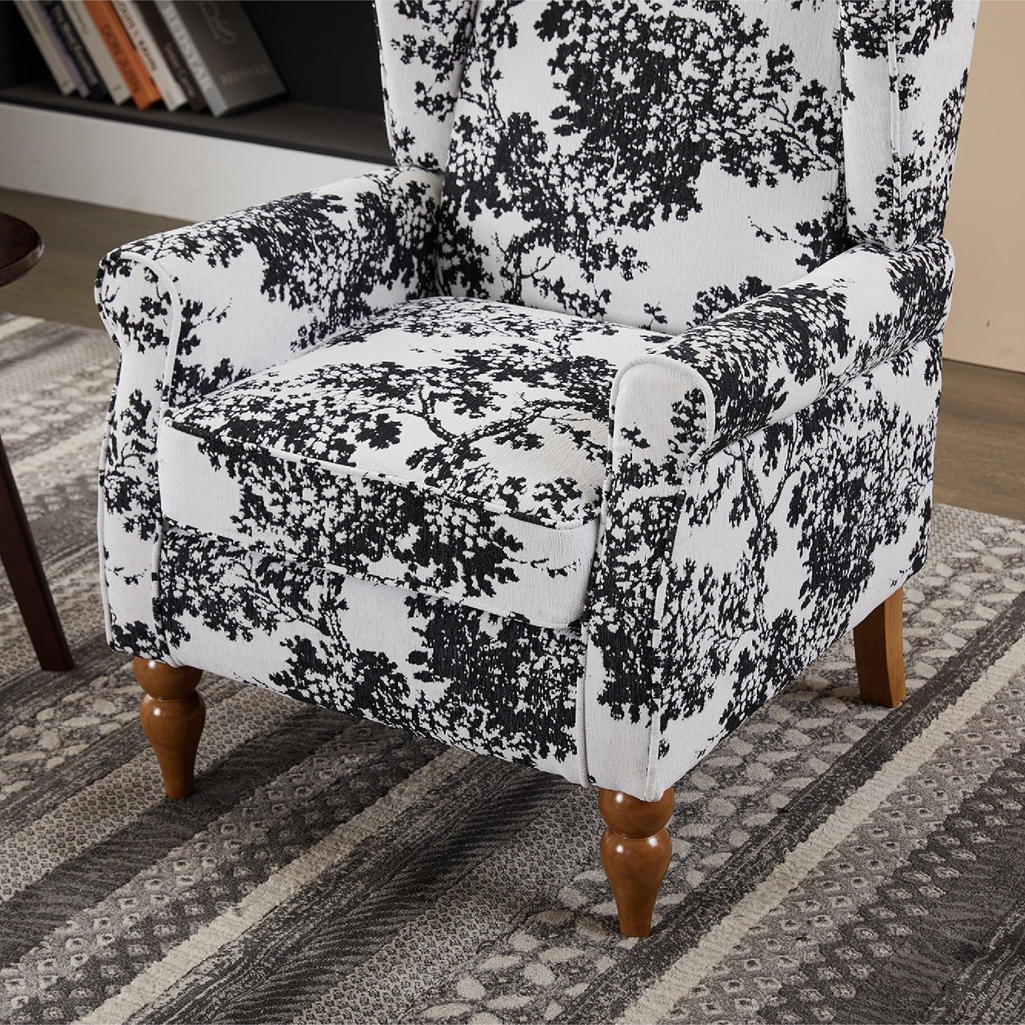 Coffee Table & Armchair Set accent chair by HouseOfZazla in black white print with wooden legs on Tampa Home & Garden Store