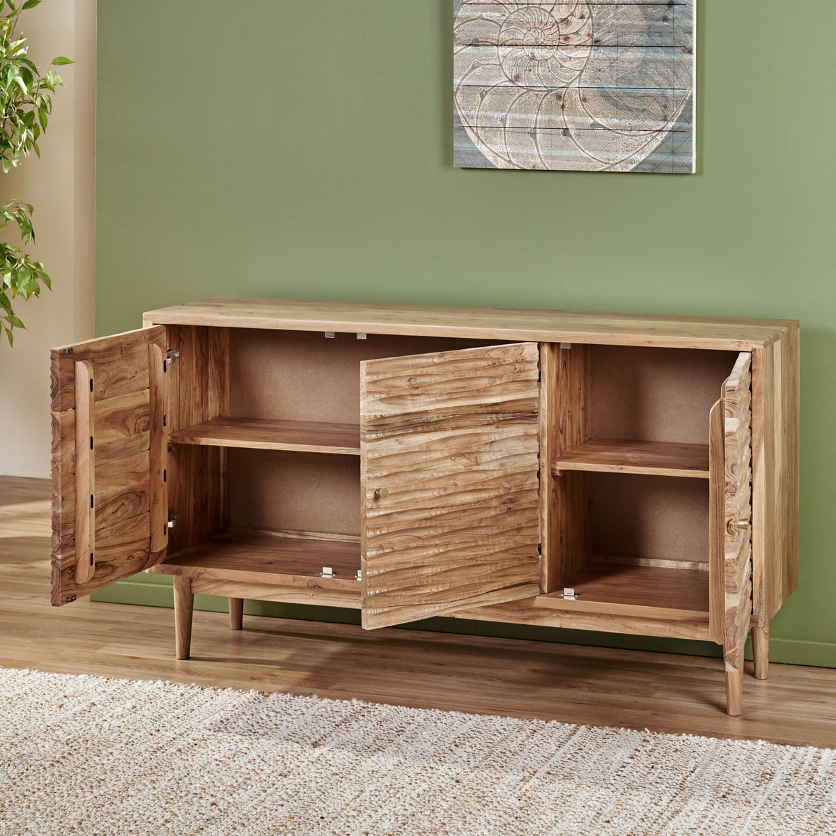 Boho handcrafted 3-door sideboard in natural wood with carved texture rustic storage on Tampa Home & Garden Store