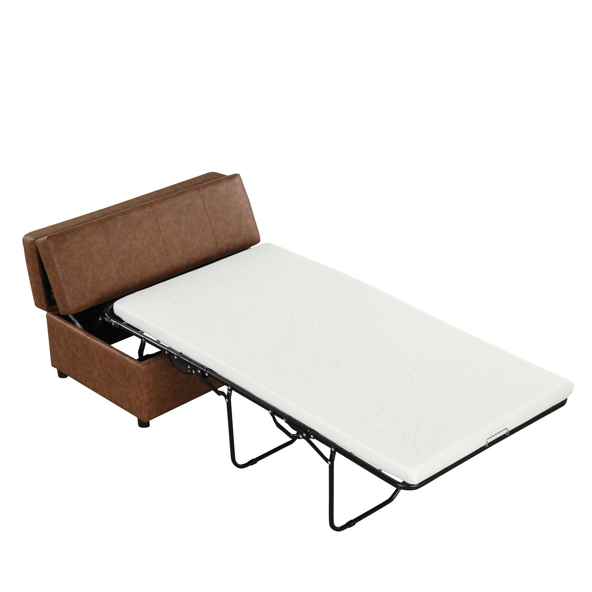 Twin size folding ottoman sleeper bed with mattress in brown faux leather frame on Tampa Home & Garden Store